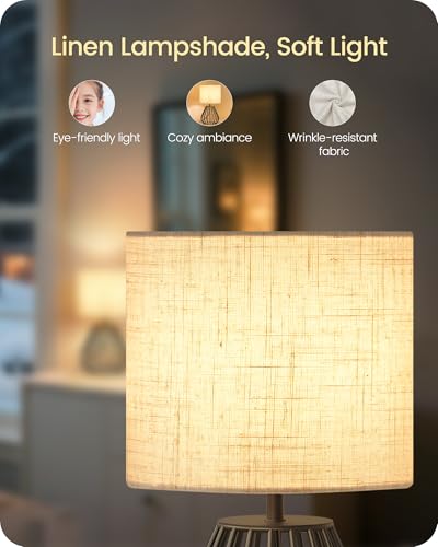 Small Bedside Table Lamp, Black Table Lamp with Metal Cage & Linen Lampshade, Modern Cute Desk Lamp, Cozy Nightstand Lamp for Bedroom, Living Room, Office, 2700K LED Bulb Included, E06TL05 - color: Beige + Black