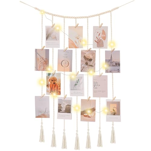 Macrame Hanging Photo Display Boho Wall Decor with String Lights Wooden Beads Garland Picture Frame Collage Holder with 30 Clips for Room, Bedroom, Dorm, Christmas Teenage Teen Girl Gifts (Beige, Medium) - size: Medium