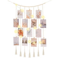 Macrame Hanging Photo Display Boho Wall Decor with String Lights Wooden Beads Garland Picture Frame Collage Holder with 30 Clips for Room, Bedroom, Dorm, Christmas Teenage Teen Girl Gifts (Beige, Medium) - size: Medium