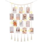 Macrame Hanging Photo Display Boho Wall Decor with String Lights Wooden Beads Garland Picture Frame Collage Holder with 30 Clips for Room, Bedroom, Dorm, Christmas Teenage Teen Girl Gifts (Beige, Medium) - size: Medium