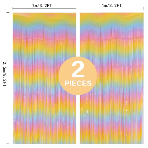 PIGETALE Pastel Rainbow Foil Fringe Curtains, 2Pcs 3.2x8.2ft Metallic Tinsel Foil Streamers Colourful Photo Booths Props Backdrop for Easter Princess Birthday Wedding Engagement Party Decorations - color: Rainbow
