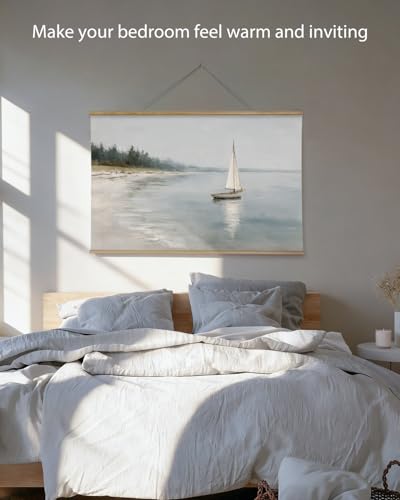 ARPEOTCY Extra Large Vintage Framed Wall Art, 36x54 Inch Coastal Ocean Sailboat Beach Landscape Hanging Canvas Prints Wall Art Decor for Living Room Bedroom, Retro Scenery Pictures Above of Bed - color: Sailboat Beach