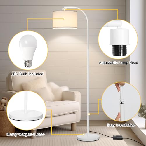 Floor lamps for Living Room, White Arc Floor Lamp with Stepless Dimmer, Modern Standing Lamp with Adjustable Drum Shade, Tall Pole Lamp for Bedroom Study Room Office, 9W 3000K LED Bulb Included - color: White