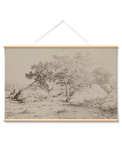 VIYYIEA Extra Large Canvas Wall Art, 36x54 Inch Vintage Landscape Sketch, Neutral Antique Nature Wall Decor for Living Room or Bedroom, Above Sofa - color: Dancing Tree Shadows