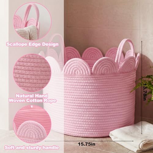 LemonRoad Pink Round Basket Large Blanket Basket 15.8" L X 15.8" W X 13.8" H Scalloped Woven Baskets Cotton Storage Baskets for Nursery Classroom Closet Blankets Storage Home Decor - color: Pink, size: 15.8" L X 15.8" W X13.8" H