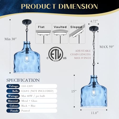 Farmhouse Pendant Light – Hand-Blown Blue Hammered Glass Shade, Black Finish, E26 Socket, Adjustable Chain Hanging Light Fixture for Kitchen Island, Dining Room & Hallway, 15" H x 12" D - color: Chain Blue