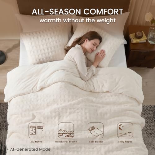 Amélie Home Waffle Textured Fleece Comforter Set King Size, Jacquard Design Fleece Bed Set, Super Soft Plush Bedding Set, Beige, 3 Pieces, 1 Cozy Comforter and 2 Pillowcases - color: Waffle Beige, size: King (106"x90")