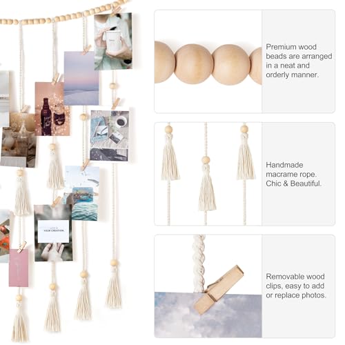 Mkono Macrame Hanging Photo Display Wall Decor with String Lights Boho Room Bedroom Wooden Beads Garland Picture Greeting Cards Holder with 30 Clips - color: Beige, size: Medium
