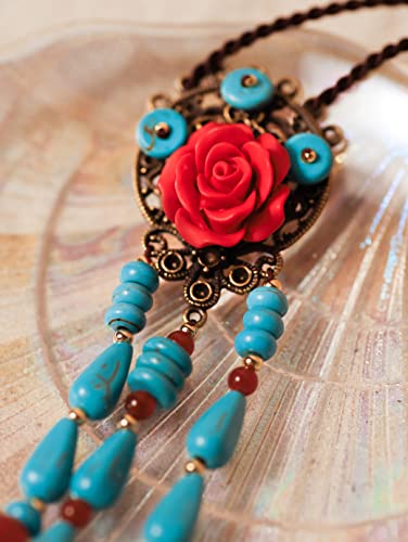 MINACHI Vintage Bohemian Colorful Ceramic Bead Antique Flower Y Necklace, Vintage Boho Hippie Statement Jewelry Gift for Women - color: S08