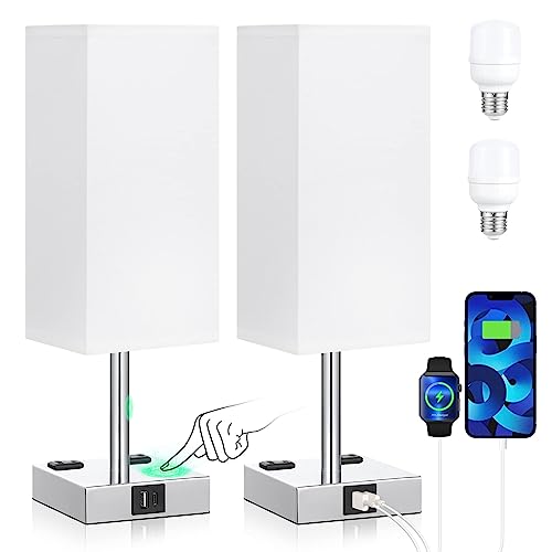 aooshine Set of 2 Touch Nightstand Lamp with USB-C+A Charge Ports& AC Outlets, 3-Way Dimmable Bedside Lamp with White Fabric Shade,Small Table Lamp for Bedroom Guest Room(Bulb Included) - color: White-Silver