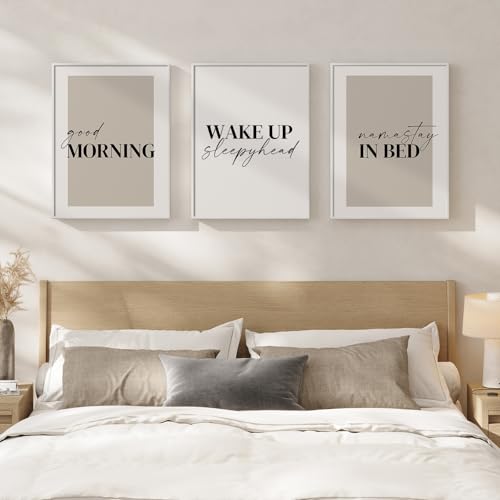 Framed Neutral 3 Piece Wall Art Master Bedroom, Minimalist Modern Painting Print Pictures Canvas Artwork for Walls, Typography Quote Good Morning Nursery Guest Room Wall Decor Above Bed, 12x16 Inch - color: Neutral