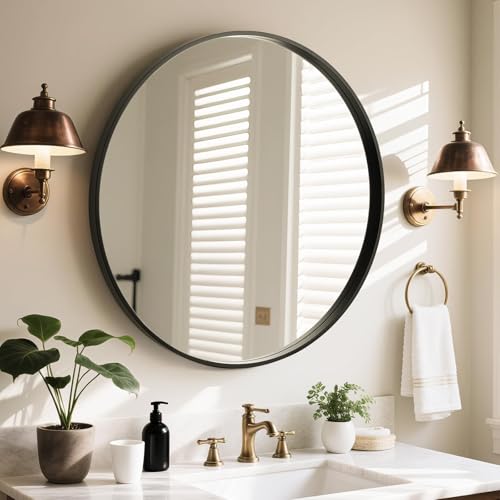 WallBeyond Round Wood Mirror, 32" Round Modern Decoration Large Circle Wall Mirror for Bathroom Living Room Bedroom Entryway, Black - color: Black, size: 32"L x 32"W