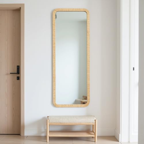 Rattan Mirror 18"x48" Rectangle Long Full Length Mirror Farmhouse Wicker Wooden Framed Full Body Floor Mirror Lean Against Wall for Bathroom Entryway Living Room Bedroom Fireplace Nature - size: 48"L x 18"W