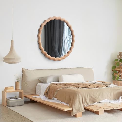 Irregular Wall Mirror,Wood Round Farmhouse Mirror Unique Vanity Mirror,24" Nature Wooden Modern Bathroom Mirror for Washroom Living Room Bedroom - size: 24"L x 24"W
