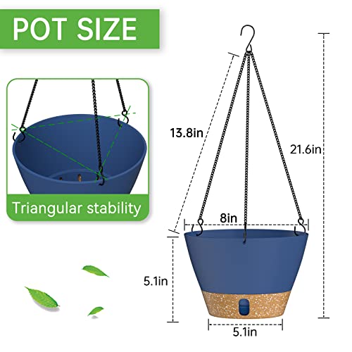 ZMTECH 2 Pack 8 Inch Hanging Baskets for Plants Outdoor Indoor, Modern Blue Planters with Water Level Window & Metal Chain for Balcony Patio Garden Home Decor - color: Blue, size: 8 Inch