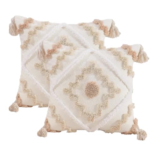 Andreannie Pack of 2 Boho Tufting Throw Pillow Cover Embroidered Textured Cushion Cover with Tassels Soft Home Decororative for Couch Sofa 18x18 inch (Boho Cream) - color: Boho Cream