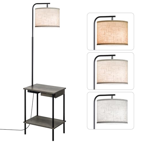 EOEYYOYB Floor Lamp with Table & Drawers, End Table Lamp with USB Charging Portt Power Outlet and Shelves, Side Table Reading Light with 3 Color Temperature Led Bulb Included for Living Room, Gray - color: Gray (with Drawer)