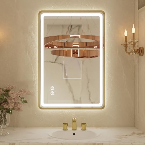 24x32 Inch LED Bathroom Mirror with Round Corner Gold Framed, Lighted Vanity Mirrors with Lights, Front Light and Backlit, Stepless Dimmable, Anti-Fog, Memory, 3 Colors Wall-Mounted Mirrors - color: Gold, size: 24"L x 32"W