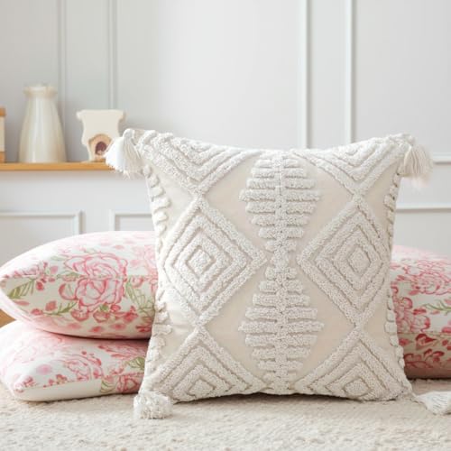 Andreannie Pack of 2 Boho Tufting Throw Pillow Cover Embroidered Textured Cushion Cover with Tassels Soft Home Decororative for Couch Sofa 18x18 inch (Boho White) - color: Boho White