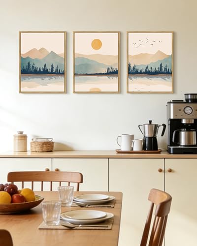 KUVIOKE Mountain Landscape Framed Wall Art Watercolor Nature Laker Painting Sun Rises Boho Farmhouse Rustic Home Decor 11x14in (Natural Framed) - color: Laker and Mountain, size: 11 x 14in x 3 Panels Natural