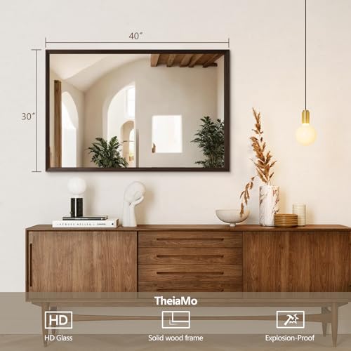 Walnut Wood Bathroom Mirrors for Wall Mounted, 40" x 30" Rectangle Rustic Wood Framed Wall Mirror, Decorative Farmhouse Mirror for Bathroom, Bedroom, Entryway, Horizontally/Vertically - color: Walnut, size: 40"L x 30"W