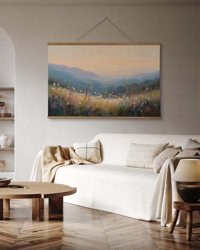 VIYYIEA Extra Large Size Canvas Wall Art, 36x54 Inch Sunset Mountain Valley with Wildflowers Scroll Painting, Oversized Landscape Wall Hanging for Living Room, Bedroom, or Cabin Decor - color: Sunlit Hills Beyond the Blooming Flowers