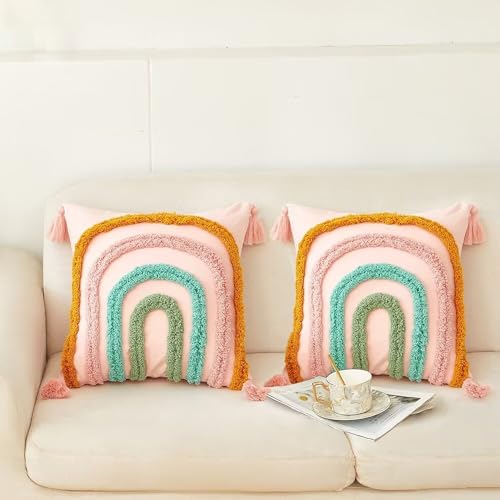 Set of 2 Boho Rainbow Decorative Textured Throw Pillow Covers 18x18 Farmhouse Colorful Tufted Pillow Covers with Tassels Woven Cushion Case for Sofa Bed Living Room Hallowmas Pink - color: Pink, size: 18" x 18" (Pack of 2)