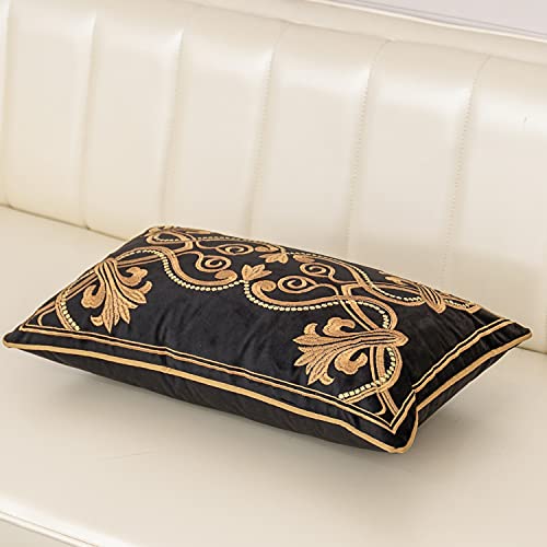 Aeckself European Floral Pillow Cover 12x20 Inch, Luxury Velvet Embroidered Decorative Lumbar Throw Pillow Cover for Couch Bedroom Living Room, Black and Gold - color: Black Gold, size: 20" x 12" (Pack of 1)