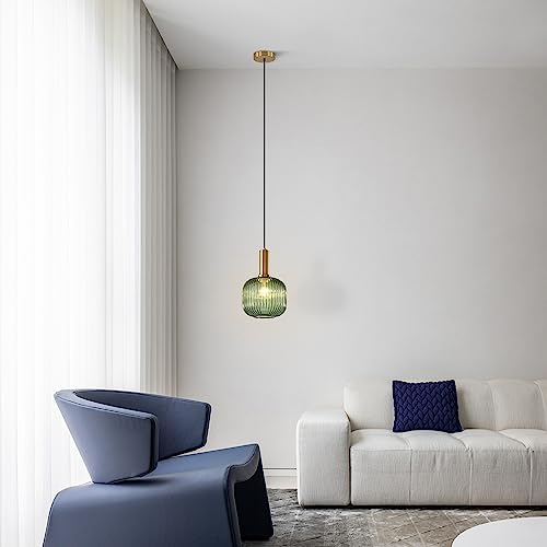 BOKT Mid Century Modern Green Glass Pendant Light Large Gold Globe Kitchen Island Pendant Light Fixture Minimalist Anti Brushed Brass Round Ceiling Hanging Pendant Lamp (7.9" Green) - color: Green