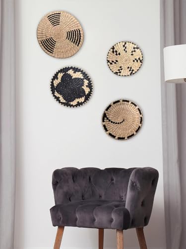 Round Wicker Basket Wall Decor, Set of 4 Hanging Woven Wall Basket Decor Black, Boho Wall Basket Decor Art for Farmhouse Living Rooms Bedrooms Display