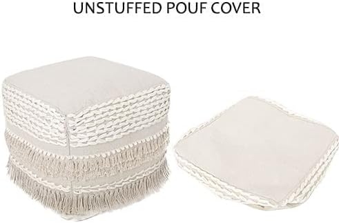 REDEARTH · UNSTUFFED Pouf Ottoman Cover Boho Textured Storage Cube Poof, Farmhouse Accent Pouffe Footrest for Living Room, Bedroom, Nursery, kidsroom, Nook; 100% Cotton (18x18x18; Natural)