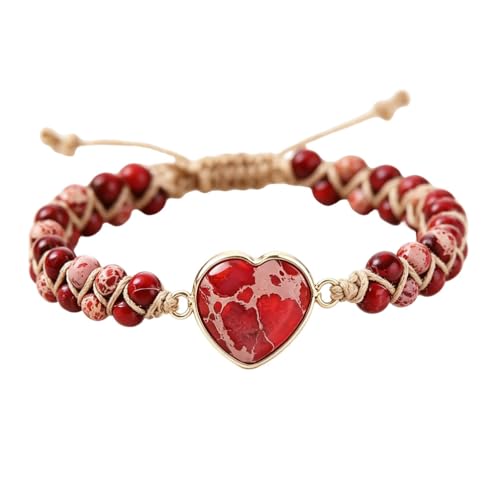 Women Boho Wrap Bracelet,Handmade Natural Stone Crystal Emperor Beads Heart Bracelet, Fashion Bohemian Jewelry Gift for Women - color: Red #2
