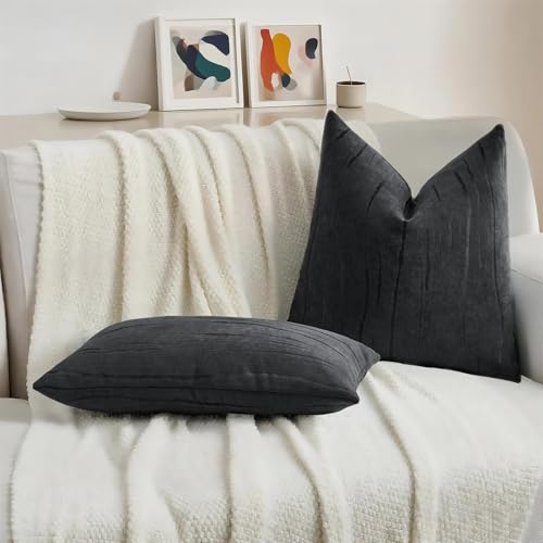 HAUSSY Pack of 2 Pillow Covers 16x16 Inch, Boho Embossed Decorative Throw Pillows Soft Striped Textured Cushion Covers Home Decor Patten Pillowcases for Couch Living Room Sofa Bed, Black (Covers Only) - color: Black, size: 16" x 16" (Pack of 2)