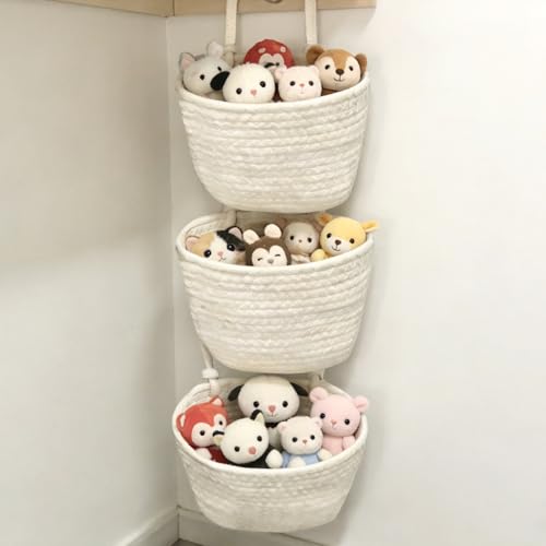 2 Pcs 3-Tier Woven Cotton Hanging Basket, Wall Mounted Storage Organizer, Boho New Home Basket, Over The Door Organizer for Bathroom, Bedroom, and Closet Organization