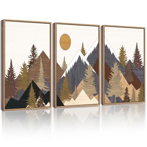 KUVIOKE Morden Boho Mountains Framed Wall Art Pine Tree Forest Nature Landscape Artwork Painting Bohemain Farmhouse Rustic Home Decor 11x14in (Natural Framed) - color: Wooden Mountain Froest, size: 11 x 14in x 3 Panels Natural