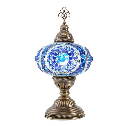 Turkish Lamp, Mosaic Table Lamp, Antique Moroccan Decorative Glass Bohemian Vintage Lamp Shade, Small Desk Tiffany Bedside Stained Glass Lamp with US Plug and E12 Socket - color: Blue-2
