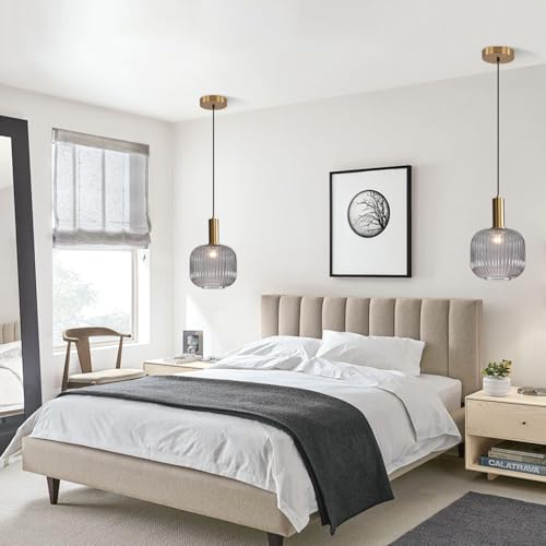 BOKT Modern 1-Light Gold Globe Pendant Light Mid Century Smoke Gray Ceiling Pendant Lighting Glass Ball Round Pendant Lamp Single Brushed Brass Pendant Light Fixture Kitchen Island (Smoke Gray) - color: Smoke Gray