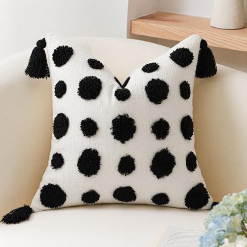 PANOD Super Soft Farmhouse Decorative Plush Throw Pillow Covers 16 x 16 Black,Solid Pom pom Tufted with Tassels Modern Accent Boho Square Cushion Cover Pillow Case for Couch Sofa - color: Black, size: 16" x 16" (Pack of 1)
