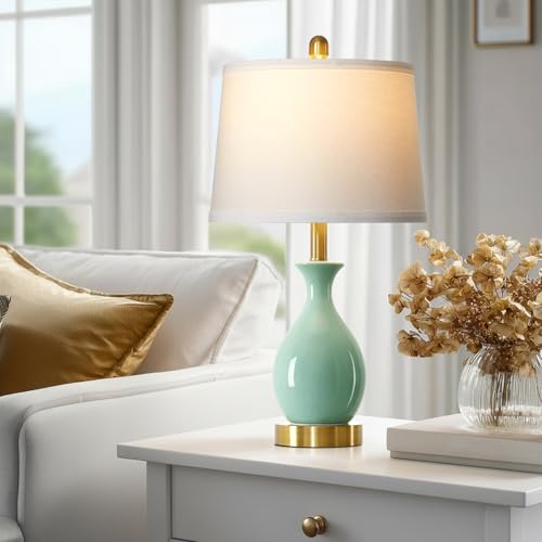 24″ Sage Green Ceramic Table Lamps Set of 2, Modern Classic Bedside Lamps for Bedroom Nightstand, Small Table Lamp for Living Room Side Table (2 LED Bulbs Included) - color: Sage Green - 24"H