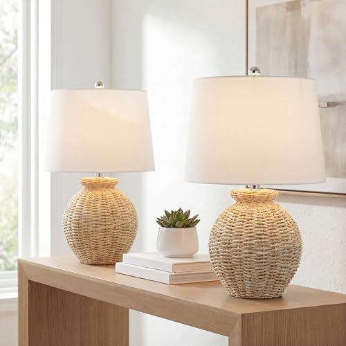 JONATHAN Y 22" Brown Rattan Rustic Coastal Table Lamp Set of 2, Woven Wicker Globe Base with White Linen Shade for Living Room Bedroom, UL Listed, LED Bulbs Included JYL4050A-SET2