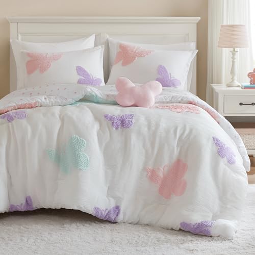 Intelligent Design Kids Rio Full/Queen Comforter Set – Girls’ Reversible Tufted Chenille Bedding with Pastel Purple Butterflies and Pink Dot, 4pcs - color: Multicolor, size: F/Q Comforter