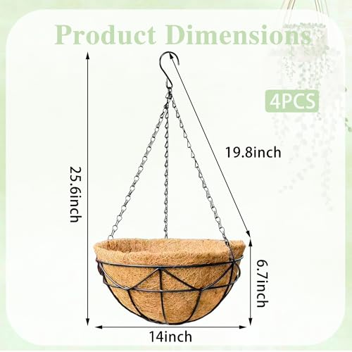 EIMQUVW 14 Inch Coconut Fiber Hanging Planter 4 Packs Durable Metal Hanging Baskets with Chains Outdoor Wire Pot for Spring and Summer Front Porch Garden Decoration - size: 14 Inch, style: Geometric