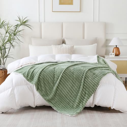 Sage Green Sherpa Fleece Throw Blanket 50”×60” for Couch Sofa Bed,Super Soft Cozy Plush Double Side Thick Flannel Blanket with Striped Design Lightweight for Adults,Woman,Girls - color: Sage Green, size: 50×60inch