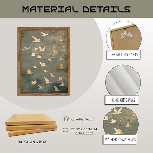 Framed Flock of Birds Canvas Wall Art, Vintage Minimalist Abstract Landscape Painting, Neutral Gold Birds Spiritual Wall Decor, Modern Aesthetic Pictures for Bedroom Living Room 16x24 inch - color: Flying pigeons, size: 24"L x 16"W