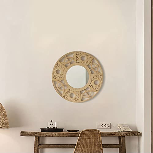 Vintiquewise Boho Bamboo Hanging Wall Mirror, Round Asymmetrical Vintage Rattan Mirror for Wall Decor, Nursery, Living Room, Playroom, Unique Small Coastal Mirror - size: 1.5"L x 21.8"W