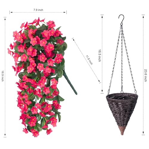 Artificial Fake Hanging Flowers Plants Baskets for Outdoor Outside Porch Decoration, Faux Silk Hotpink Realistic UV Resistant Orchid Long Vines in Planter for Spring Summer Home Patio Balcony - color: Hotpink