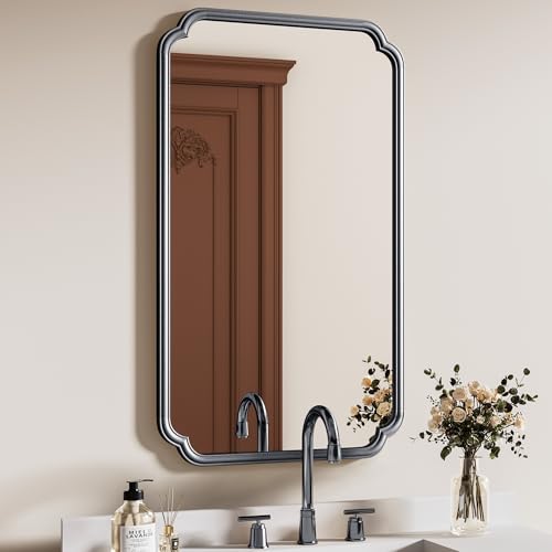 Ferytange 26"x40" Rustproof Bathroom Mirror Black, Round Corner Metal Frame Wall Mirror, Horizontal/Vertical Hanging Over Sink, Bedroom Bathroom Decor - color: Black, size: 40"L x 26"W