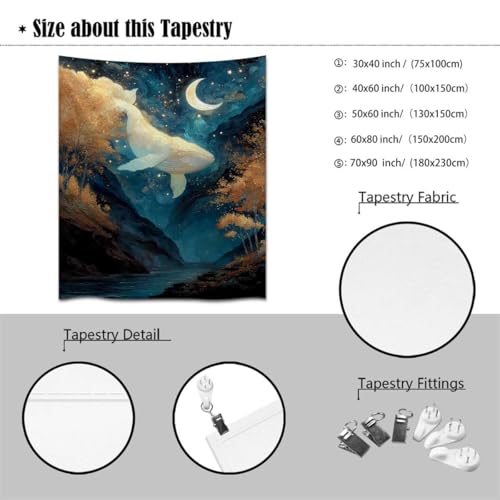 Celestial Whale under Moon Fantasy Ocean Tapestries Modern Boho Contemporary Wall Art Tapestry Wall Hanging Elegant Stunning Home Decor for Bedroom Living Room Apartment Office (YGST3989,50x60 inch)