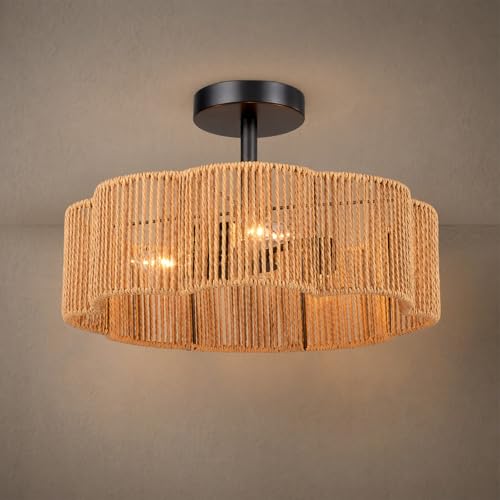 Hamilyeah 16 Inch Boho Semi Flush Mount Ceiling Light, Woven Scalloped Shade Ceiling Fixture with 3-Light E12 Base, Black Decorative Ceiling Light for Bedroom, Entryway, Kitchen, Hallway - color: Black 16 INCH Semi