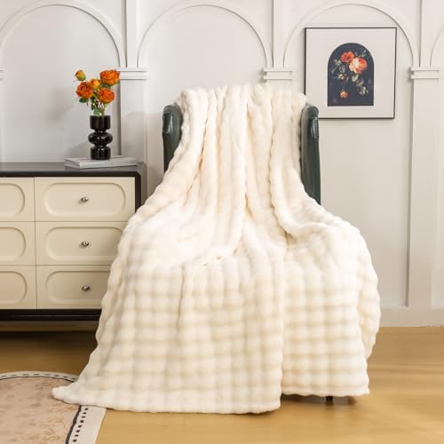 YUSOKI 3D Fleece Bubble Throw Blanket | 380GSM Ultra Soft Fluffy Plush | Non-Shedding Lightweight Cozy Blanket for Couch Sofa Bed | All Season (Ivory,50 * 60inches) - color: Ivory, size: Throw(50" x60")